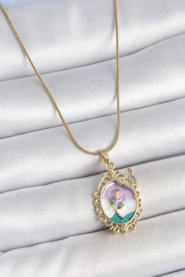 316L Çelik Gold Renk Zincir Mix Renk Mineli Çiçek İşlemeli Zirkon Taş Detaylı Portre Model Kadın