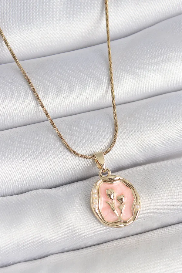 316L Çelik Gold Renk Zincir Pembe Mineli Çiçek İşlemeli Portre Model Kadın Kolye