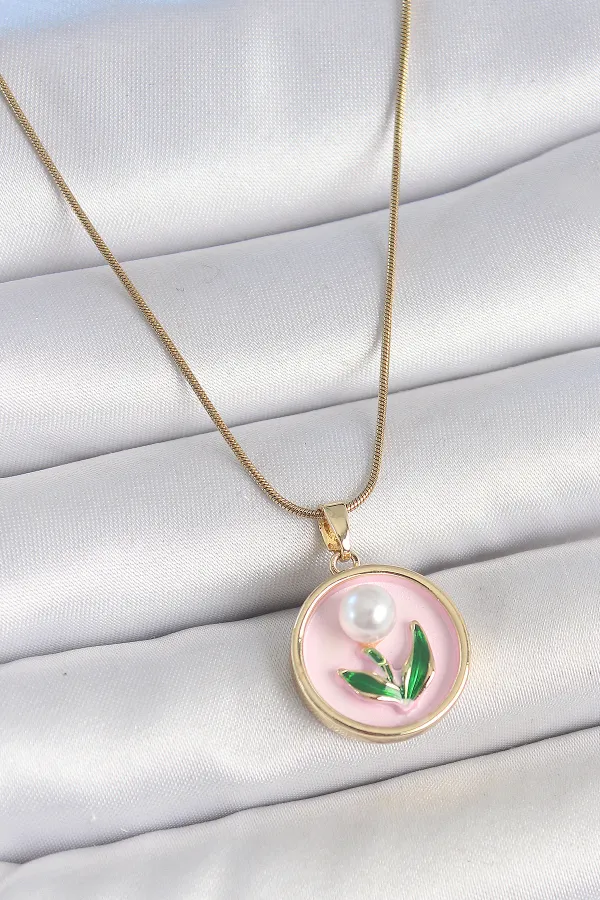 316L Çelik Gold Renk Zincir Pembe Mineli İncili Çiçek İşlemeli Portre Model Kadın Kolye