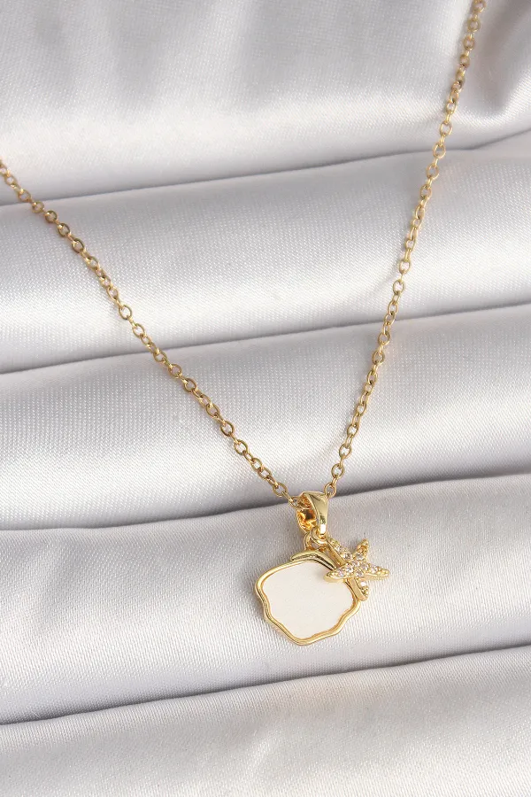 316L Çelik Gold Renk Zincir Sallantı Beyaz Mineli Deniz Kabuğu Zirkon Taşlı Deniz Yıldızı Figür