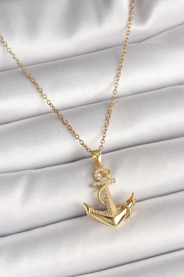 316L Çelik Gold Renk Zincir Zirkon Taş Detaylı Çapa Model Kadın Kolye