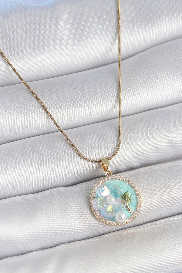 316L Çelik Gold Renk Zincir Zirkon Taş Detaylı Mavi Mineli Çiçek İşlemeli İnci Detay Kadın Kolye