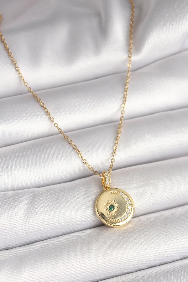316L Çelik Gold Renk Zincir Zirkon Taş İşlemeli Hilal Yıldız İşlemeli Madalyon Model Kadın Kolye