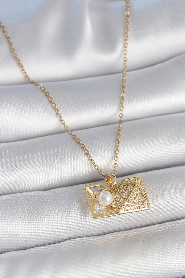 316L Çelik Gold Renk Zincir Zirkon Taşlı Açılır İncili Elmas Model Kadın Kolye