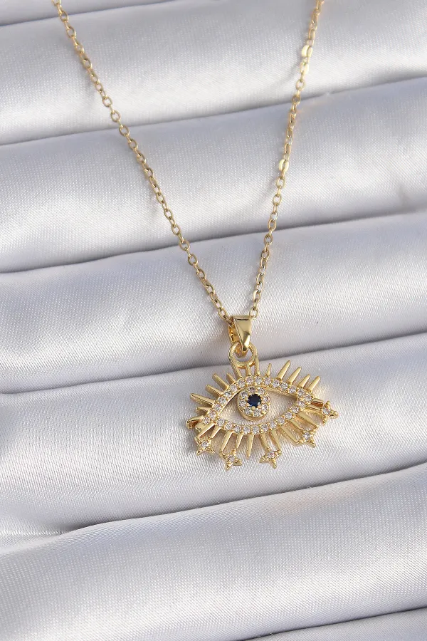 316L Çelik Gold Renk Zincir Zirkon Taşlı Göz Figür Kadın Kolye