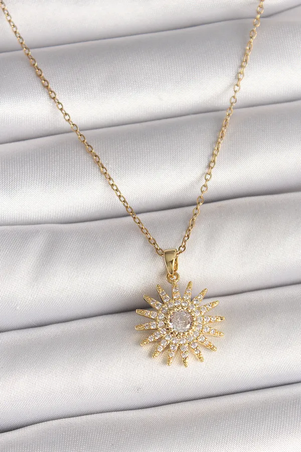 316L Çelik Gold Renk Zincir Zirkon Taşlı Güneş Model Kadın Kolye