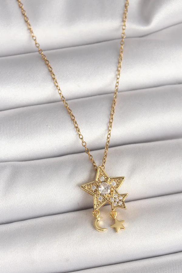 316L Çelik Gold Renk Zincir Zirkon Taşlı Yıldız Model Sallanı Ay Yıldız Detay Kadın Kolye