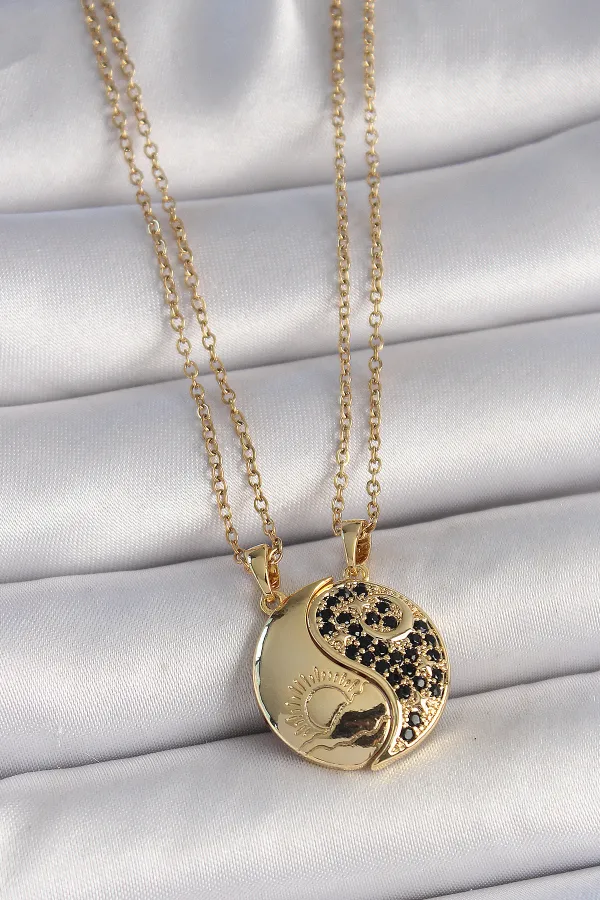 316L Çelik Gold Renk Zincir Zirkon Taşlı Ying Yang Model Gün Batımı İşlemeli Arkadaşlık Kadın Kolye