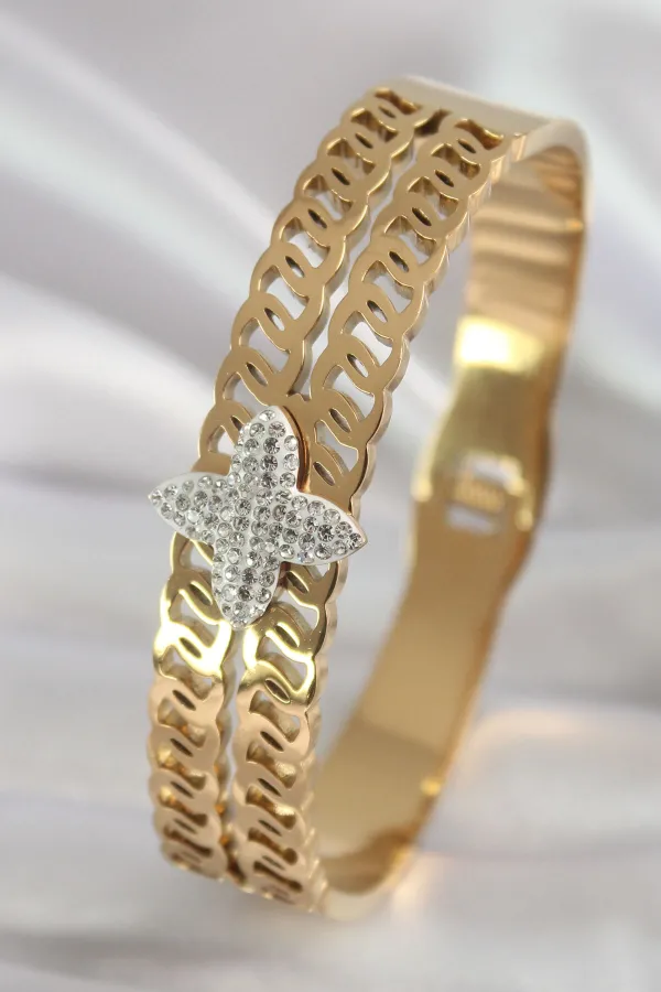 316L Çelik Gold Renk Zirkon Taşlı Çiçek Model Kadın Kelepçe