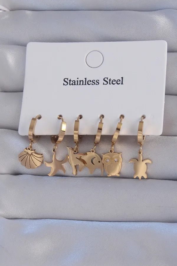 316L Çelik Gold Renk Zirkon Taşlı Hayvan Figürlü Deniz Yıldızı Model Halka Küpe Seti