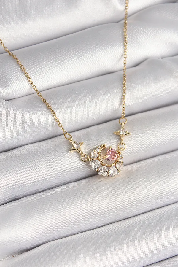 316L Çelik Gold Renk Zirkon Taşlı Hilal Pembe Kalp Model Kadın Kolye