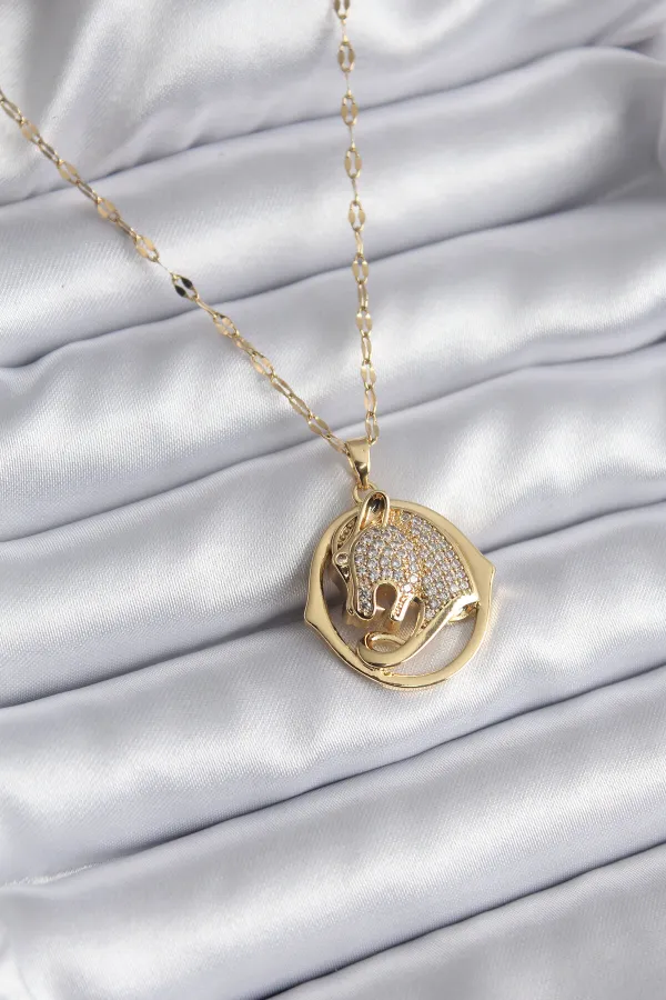 316L Çelik Gold Renk Zirkon Taşlı Jaguar Model Kadın Kolye