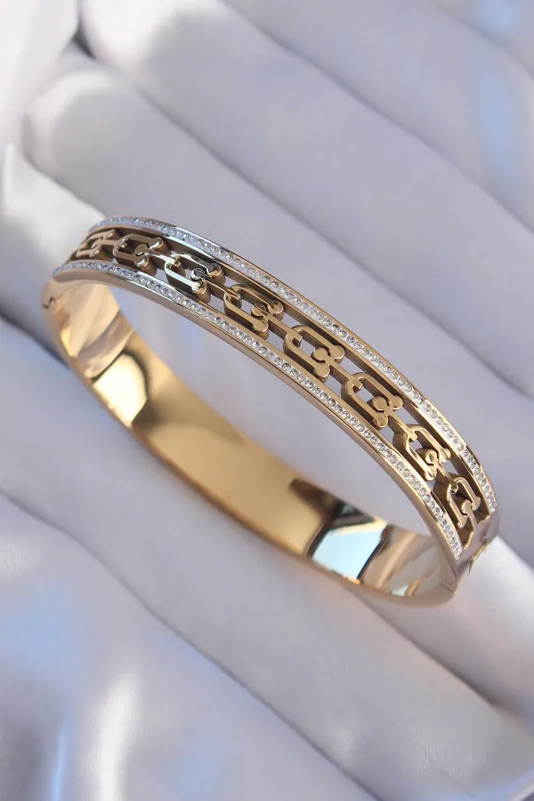 316L Çelik Gold Renk Zirkon Taşlı Model Kelepçe