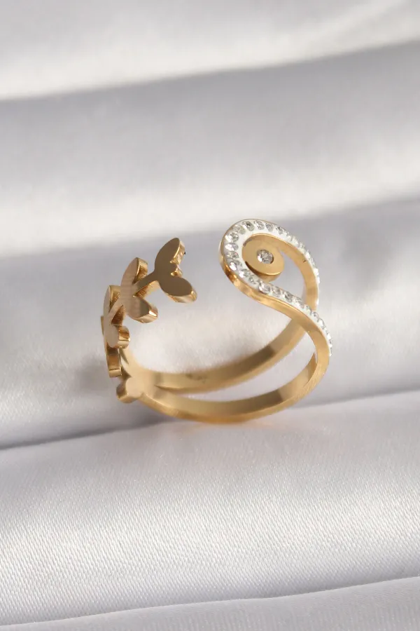 316L Çelik Gold Renk Zirkon Taşlı Yaprak Model Kadın Yüzük