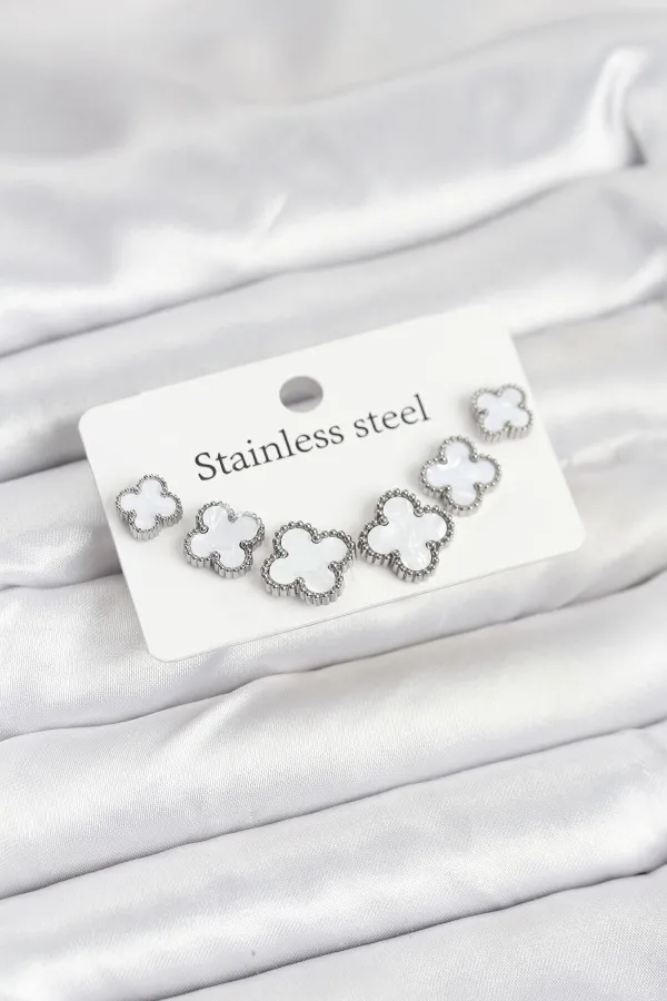 316L Çelik Gümüş Beyaz Renk 3 Boy Yonca Küpe Seti