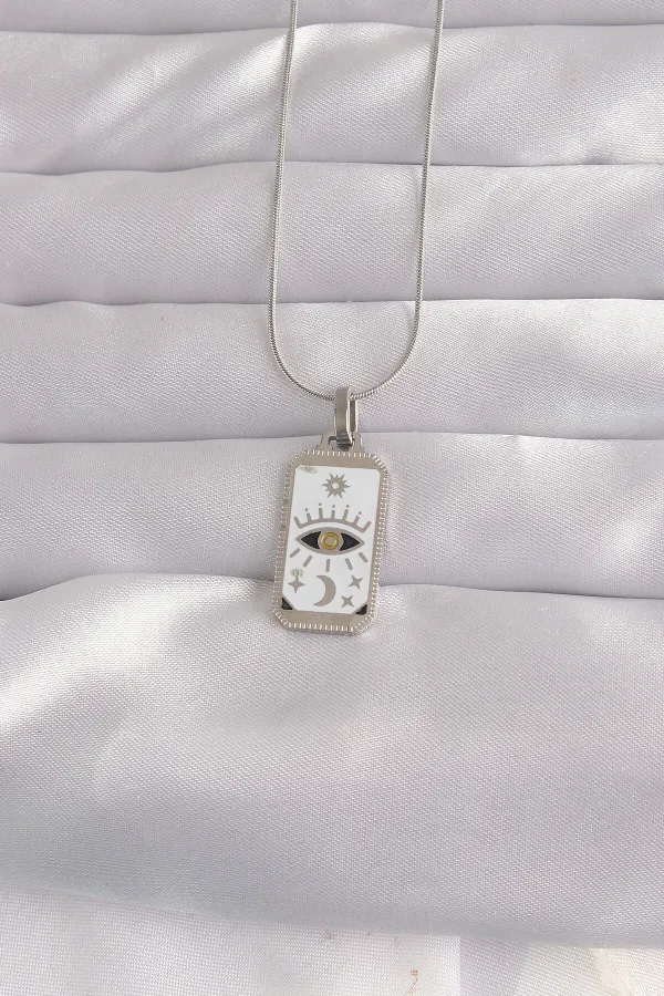 316L Çelik Gümüş Renk Beyaz Mineli Göz Figür Tarot Kolye