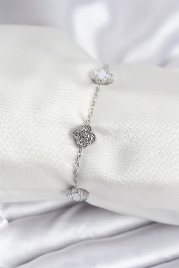 316L Çelik Gümüş Renk Beyaz ve Zirkon Taşlı Baby Boy Yonca Kadın Bileklik