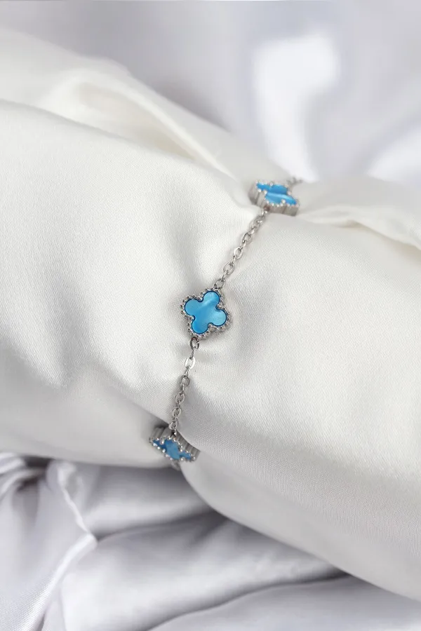 316L Çelik Gümüş Renk Buz Mavisi Baby Boy Yonca Kadın Bileklik