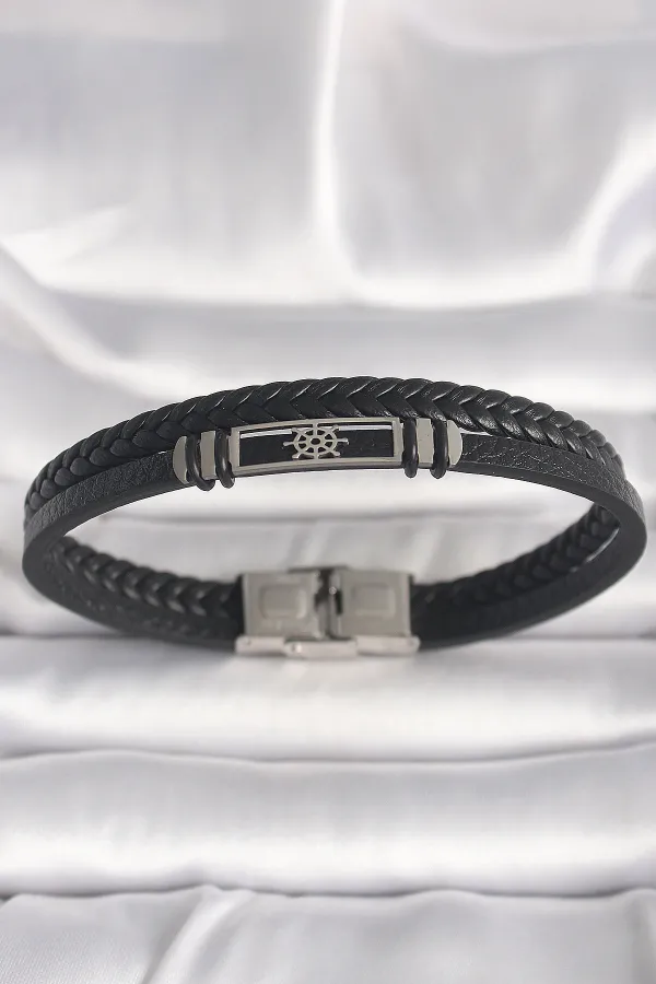 316L Çelik Gümüş Renk Gemi Dümeni Figür Siyah Burgu Deri Kordon Model Erkek Bileklik