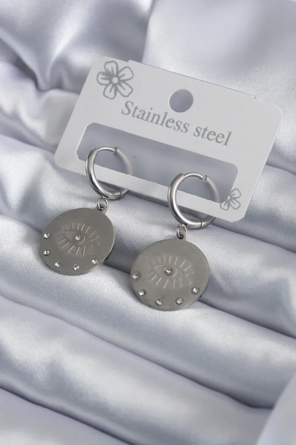 316L Çelik Gümüş Renk Göz İşleme Zirkon Taş Detay Kadın Küpe