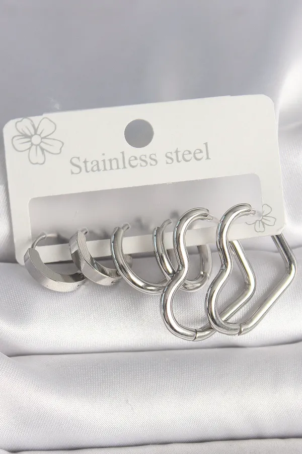 316L Çelik Gümüş Renk Halka Kalp Model Kadın Küpe Seti