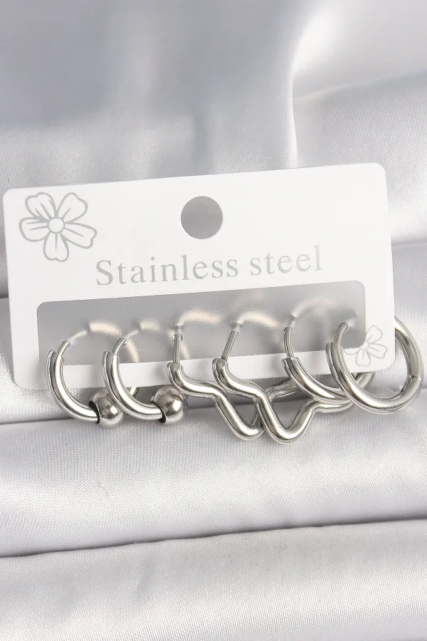 316L Çelik Gümüş Renk Halka Yıldız Model Kadın Küpe Seti