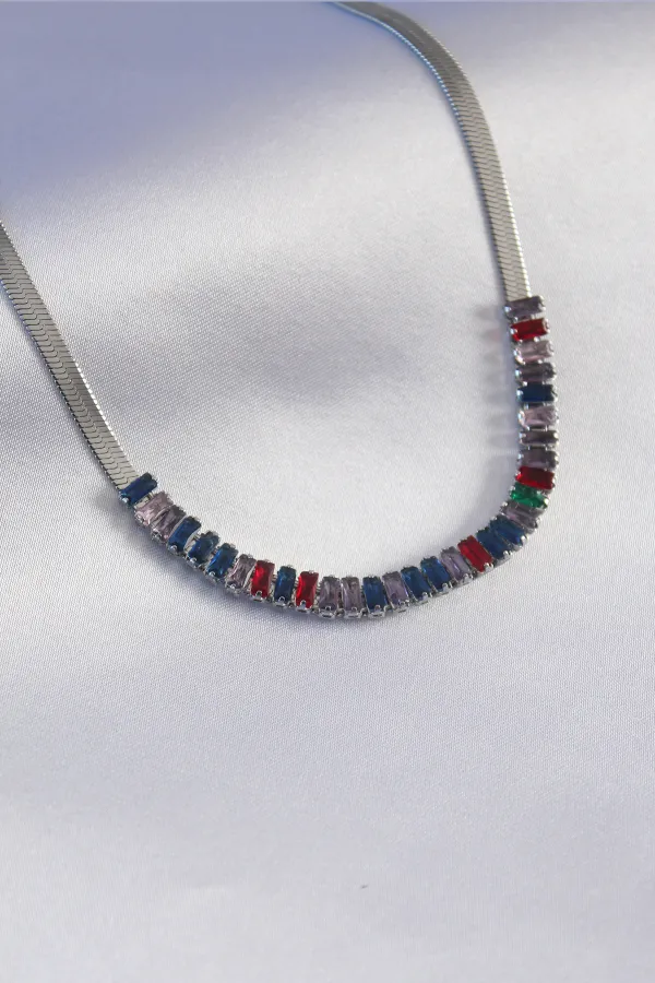 316L Çelik Gümüş Renk İtalyan Zincir Model Renkli Zirkon Taşlı Kadın Kolye