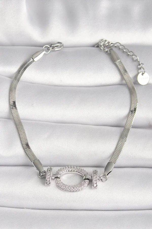 316L Çelik Gümüş Renk İtalyan Zincir Model Zirkon Taşlı Halka Figür Kadın Bileklik