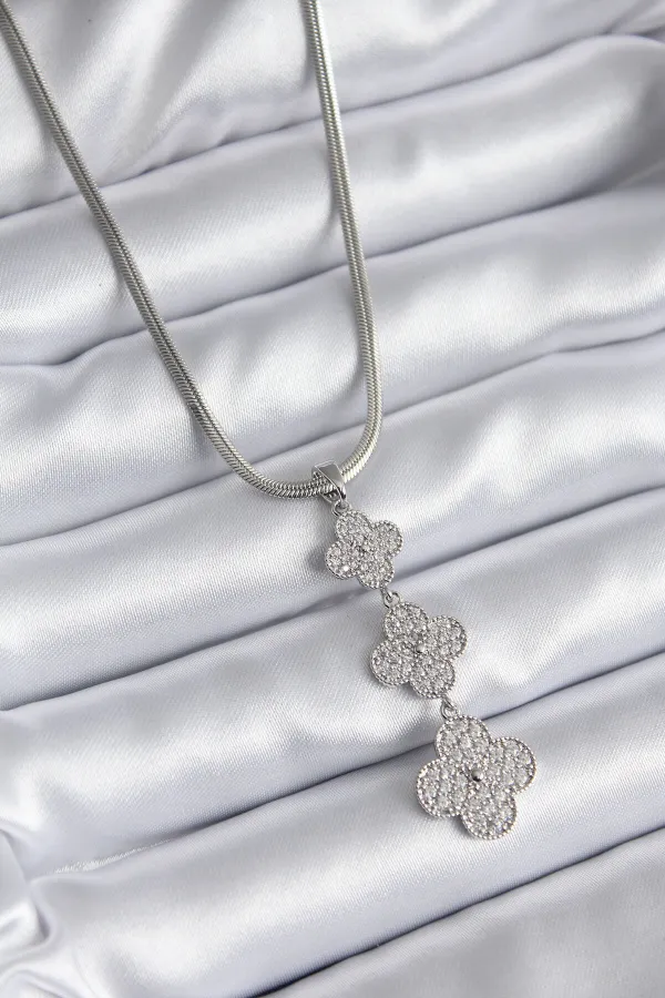 316L Çelik Gümüş Renk İtalyan Zincir Zirkon Taşı Yonca Model Kadın Kolye