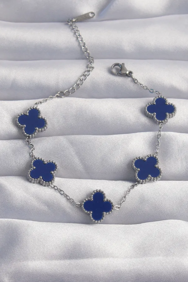 316L Çelik Gümüş Renk Mavi Mineli Yonca Bileklik