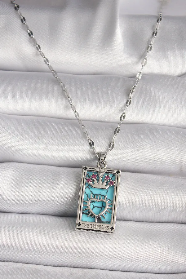 316L Çelik Gümüş Renk Pembe Zirkon Taşlı Taç Kalp Portre Model Kadın Kole