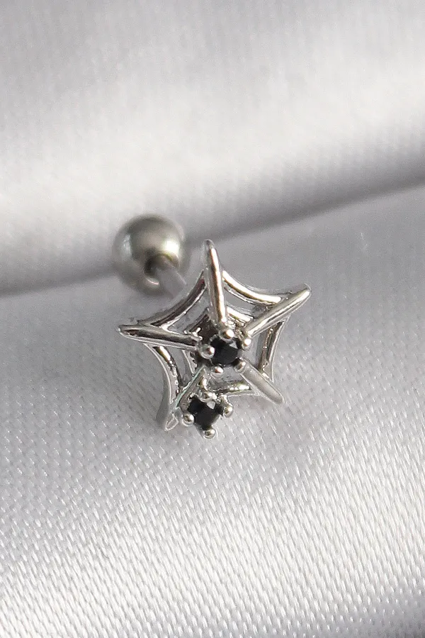 316L Çelik Gümüş Renk Siyah Zirkon Taş Detay Örümcek Ağ Model Tragus Piercing