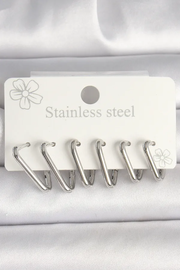 316L Çelik Gümüş Renk Üçgen Model Kadın Küpe Seti