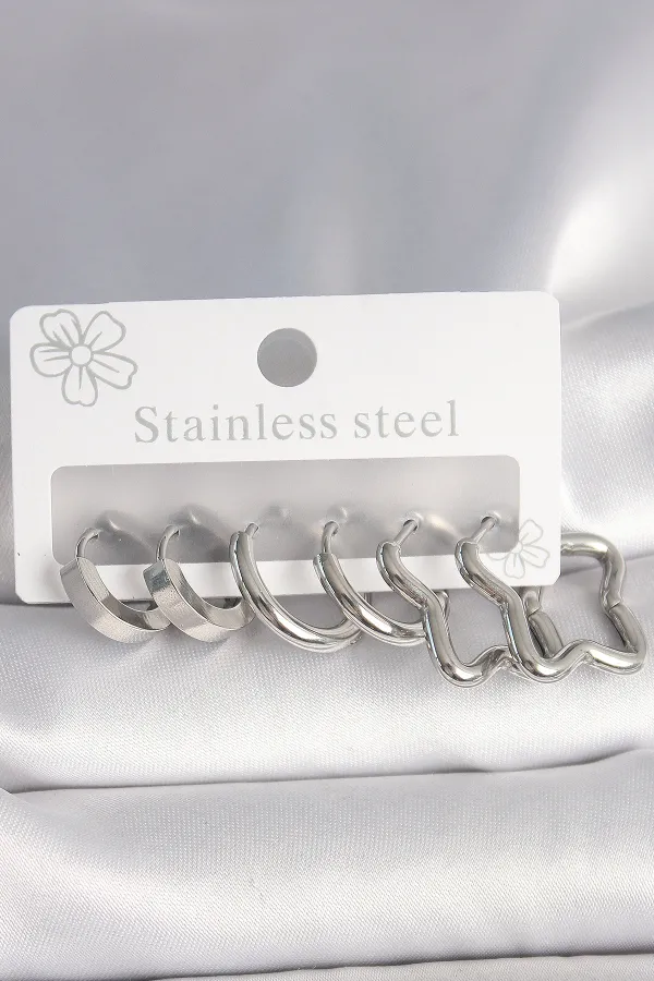 316L Çelik Gümüş Renk Yarım Halka Yıldız Model Kadın Küpe Seti