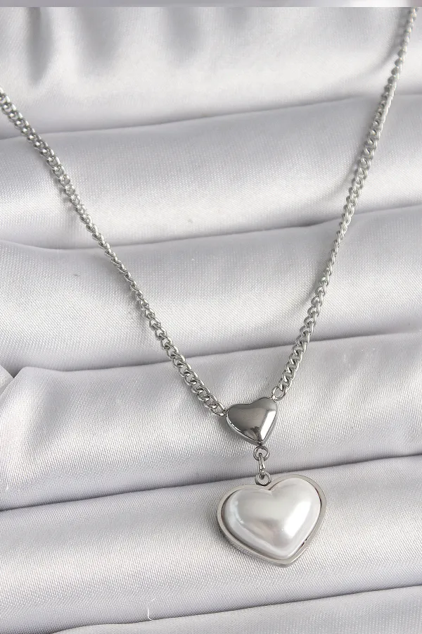 316L Çelik Gümüş Renk Zincir 3D Kalp Model Kadın Kolye