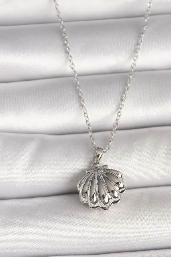 316L Çelik Gümüş Renk Zincir Açılır İncili Midye Model Kadın Kolye