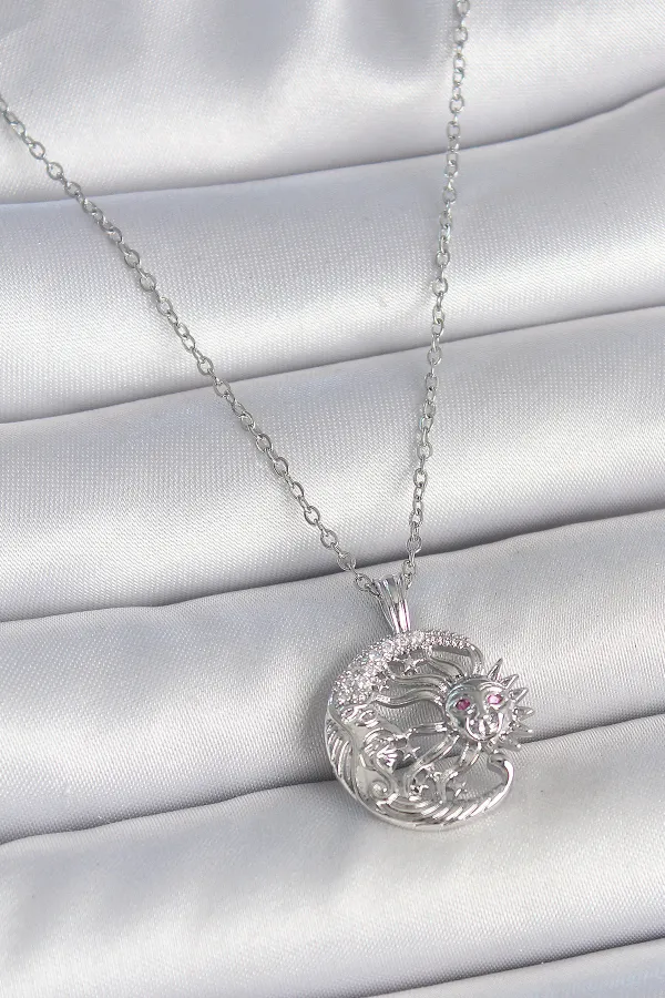 316L Çelik Gümüş Renk Zincir Ay Güneş Model Zirkon Taş Detay Kadın Kolye