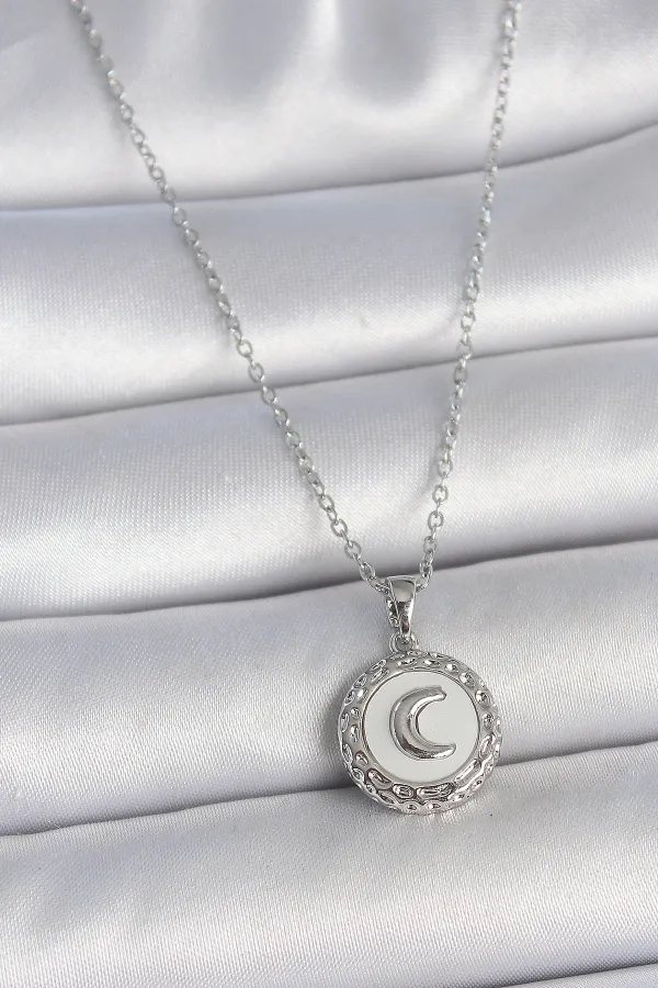 316L Çelik Gümüş Renk Zincir Beyaz Mineli Hilal İşlemeli Madalyon Model Kadın Kolye