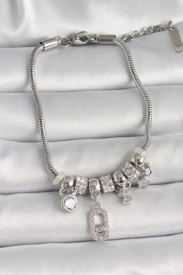 316L Çelik Gümüş Renk Zincir Sallantı Zirkon Taşlı Messika Figür Yıldız Detay Kadın Bileklik