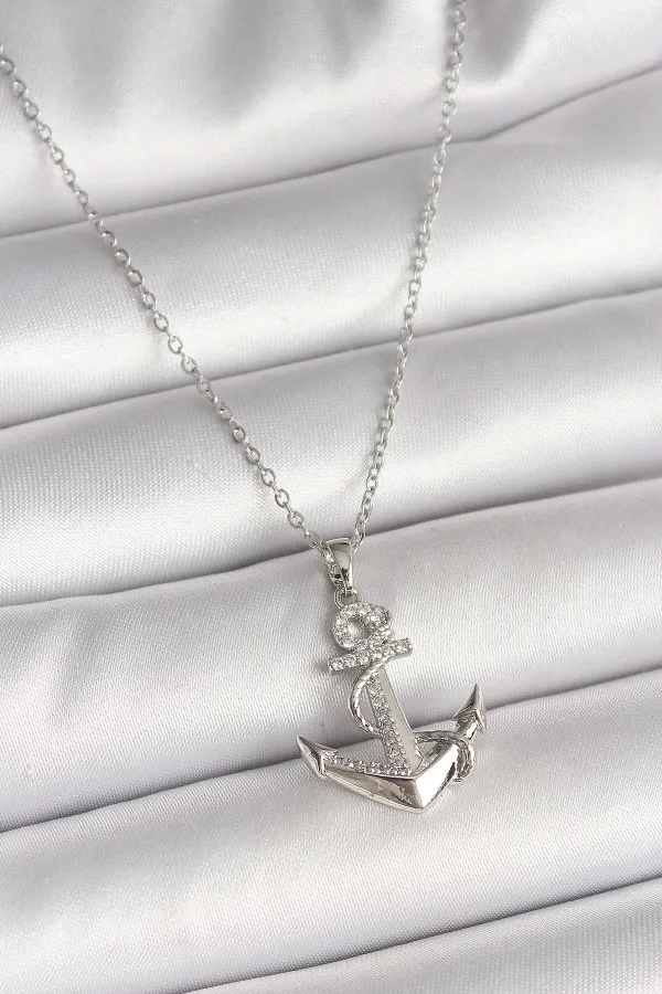 316L Çelik Gümüş Renk Zincir Zirkon Taş Detaylı Çapa Model Kadın Kolye