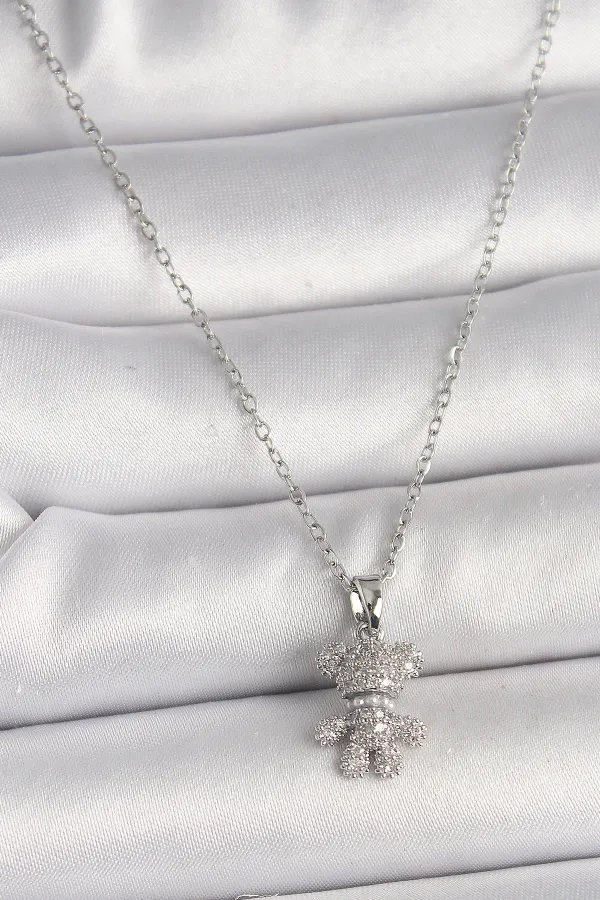 316L Çelik Gümüş Renk Zincir Zirkon Taşlı Ayıcık Figür Kadın Kolye