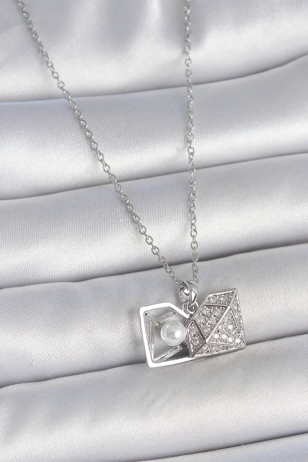 316L Çelik Gümüş Renk Zincir Zirkon Taşlı İncili Açılır Elmas Model Kadın Kolye