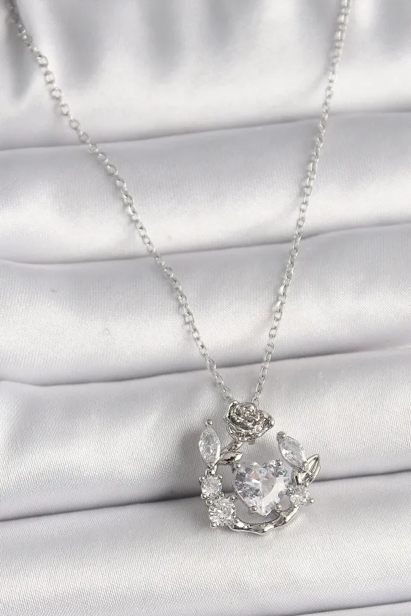 316L Çelik Gümüş Renk Zincir Zirkon Taşlı Kalp Figür Gül Detay Kadın Kolye