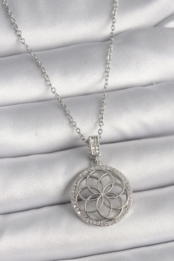 316L Çelik Gümüş Renk Zincir Zirkon Taşlı Lotus Model Kadın Kolye