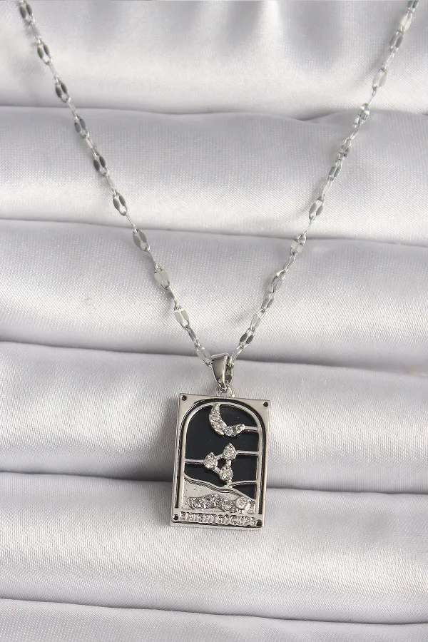 316L Çelik Gümüş Renk Zirkon Taşlı Ay Figürlü Taror Model Kadın Kolye