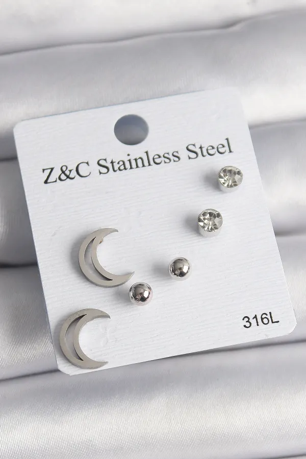 316L Çelik Gümüş Renk Zirkon Taşlı Hilal Model Kadın Küpe Seti