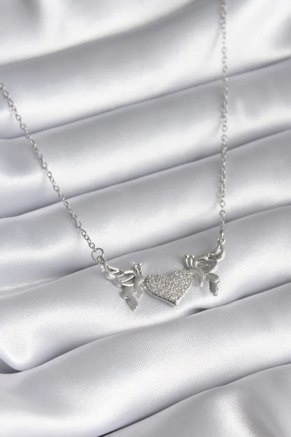 316L Çelik Gümüş Renk Zirkon Taşlı Kanat Kalp Model Kadın Kolye