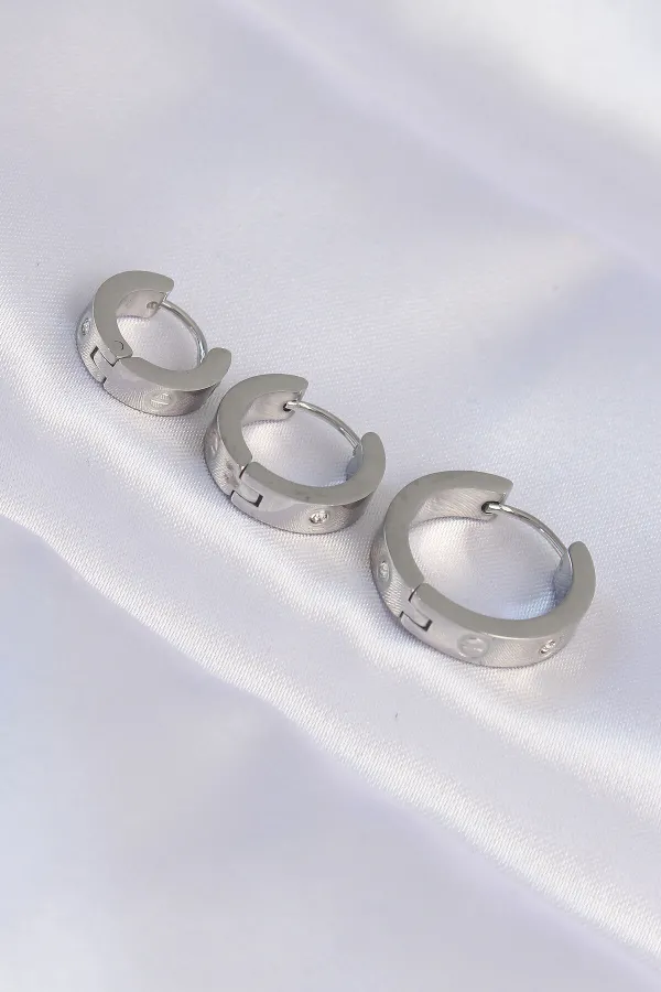 316L Çelik Gümüş Renk Zirkon Taşlı Model 3lü Halka Küpe