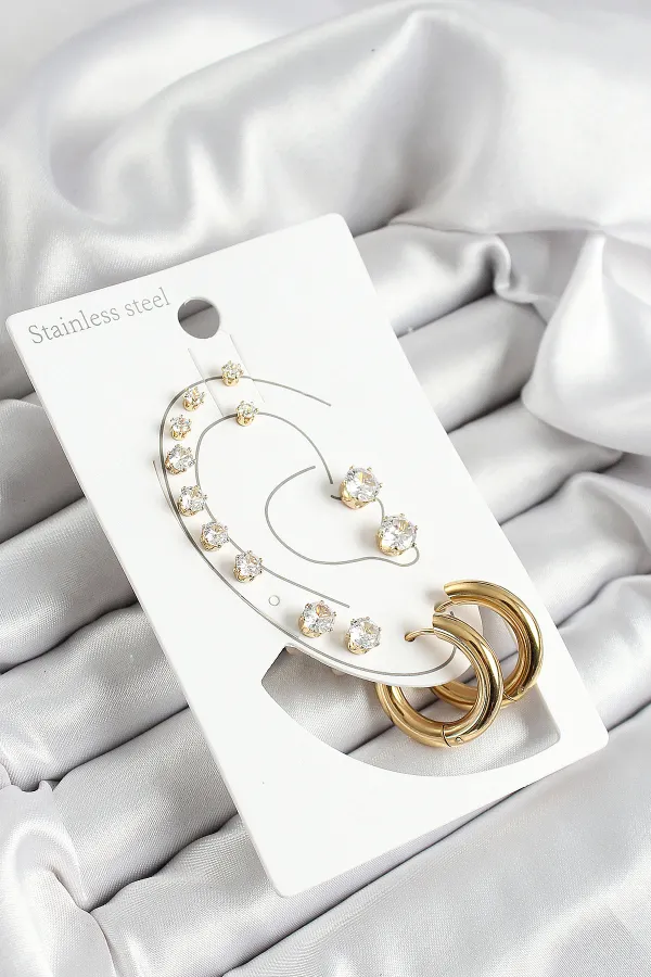 316L Çelik Halka Figürlü Ve Zirkon Taşlı Gold Renk 7'li Çift Kadın Küpe Set