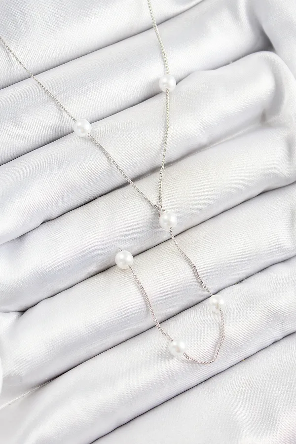 316L Çelik İnci Figürlü Y Model Gümüş Renk Kadın Kolye